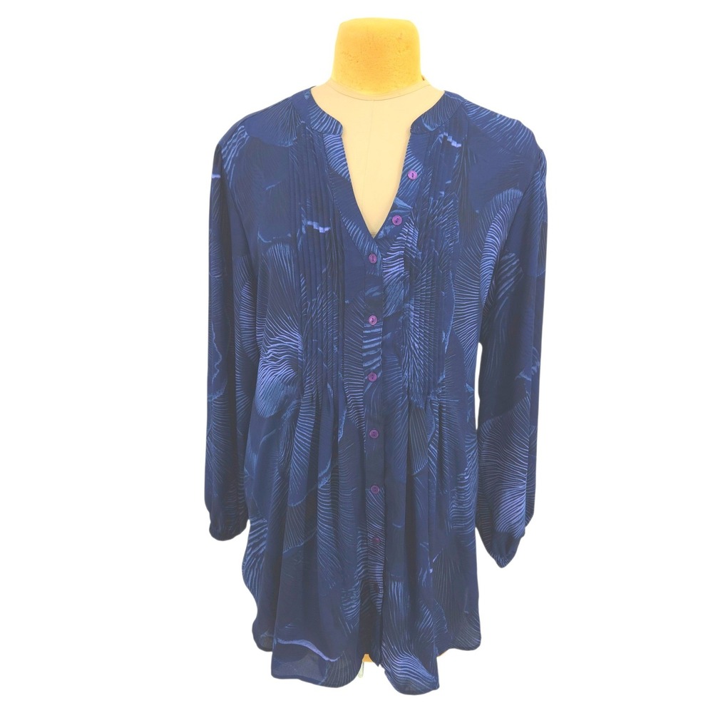 Melissa McCarthy Seven7 Blue Abstract Print Pintuck Blouse 3X Career Lightweight